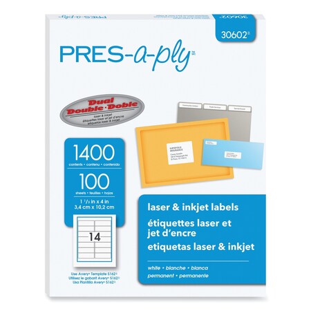Pres-A-Ply Laser Address Labels, 1 1/3x4, PK1400 30602